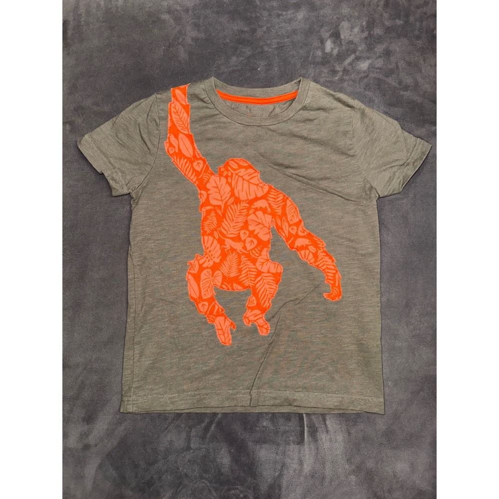 Mini Boden Kids Orangutan Graphic Applique T-Shirt Olive Green Orange Slub Tee